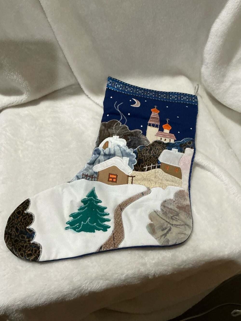 Handmade Blue & White Winter Landscape Christmas Stocking with Village and Tree